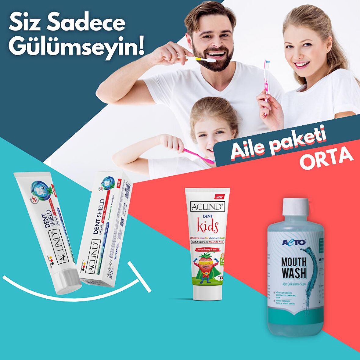 Aclind Aile Ağız Bakım Paketi - Orta (DENT SHIELD 100 ml + Dent Kids 15 ml + MOUTHWASH 500 ml )