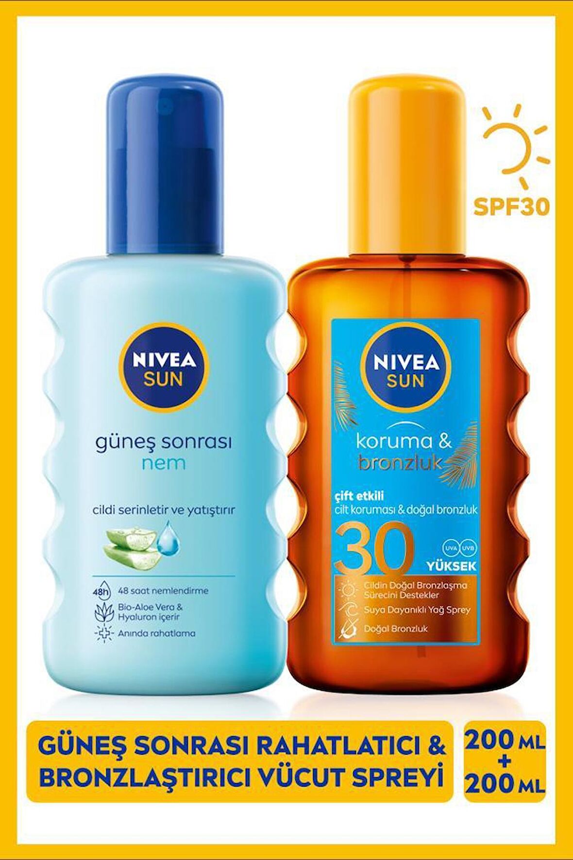 NIVEA SUN Nemlendirici Yatıştırıcı Güneş Sonrası Vücut Spreyi 200ml ve Çift Etkili Koruma Bronzluk Güneş Spreyi 200ml, SPF30