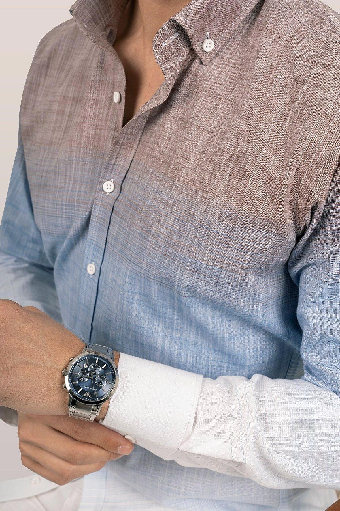 Panolu Kahve Mavi Geçişli Slimfit Keten Gömlek