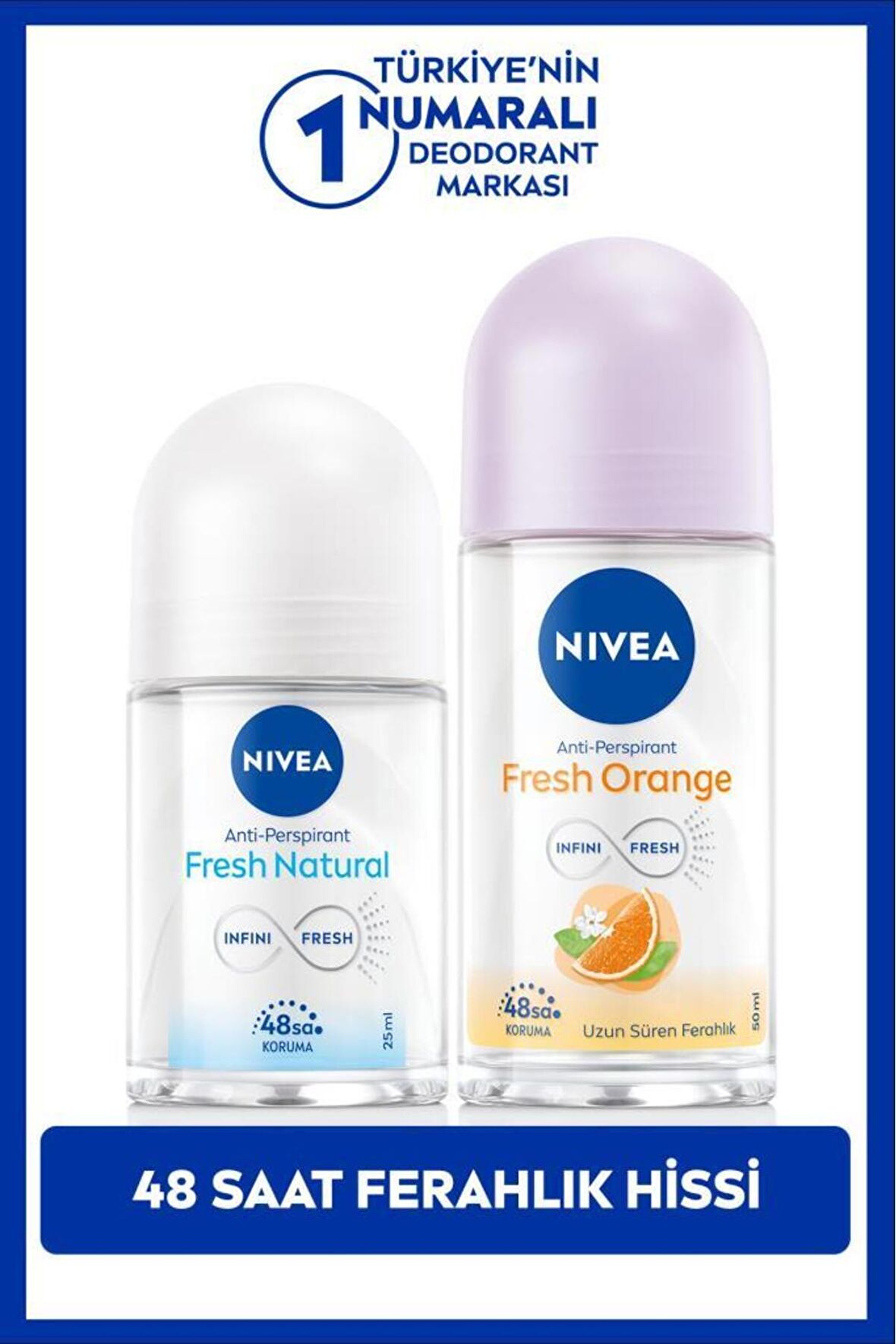 Nivea Kadın Roll-on Deodorant Fresh Orange 50ml ve Mini Roll-on Fresh Natural 25ml, 48 Saat Koruma
