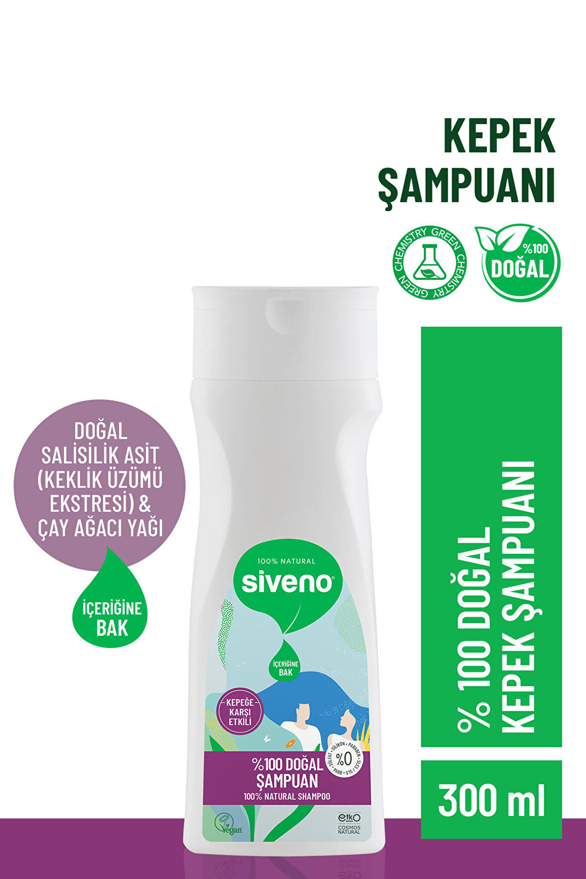 Siveno %100 Doğal Kepeğe Karşı Etkili Şampuan Günlük Bakım Yağlı Saçlar Çay Ağacı Keklik Üzümü Vegan 300 ml