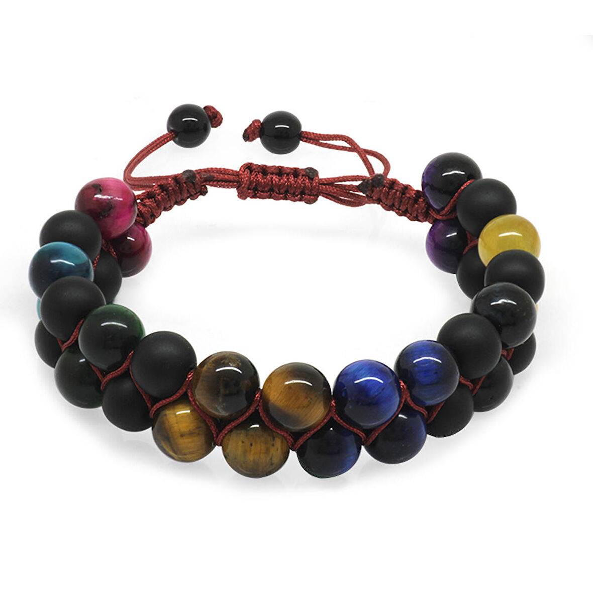 Çift Sıra Makrome Örgülü Küre Kesim Çoklu Kaplangözü Doğaltaş Kombinli Kadın Enerji Bilekliği