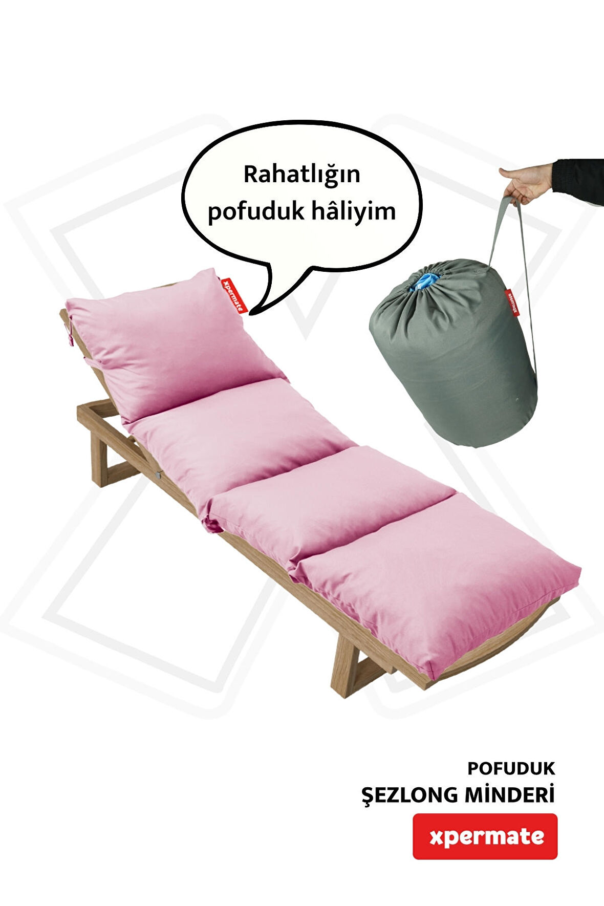 XPERMATE Pofuduk Şezlong Minderi 60x180x12Cm Su İtici,Katlanır,UV Güneş Dayanımı, Fermuar, Pembe