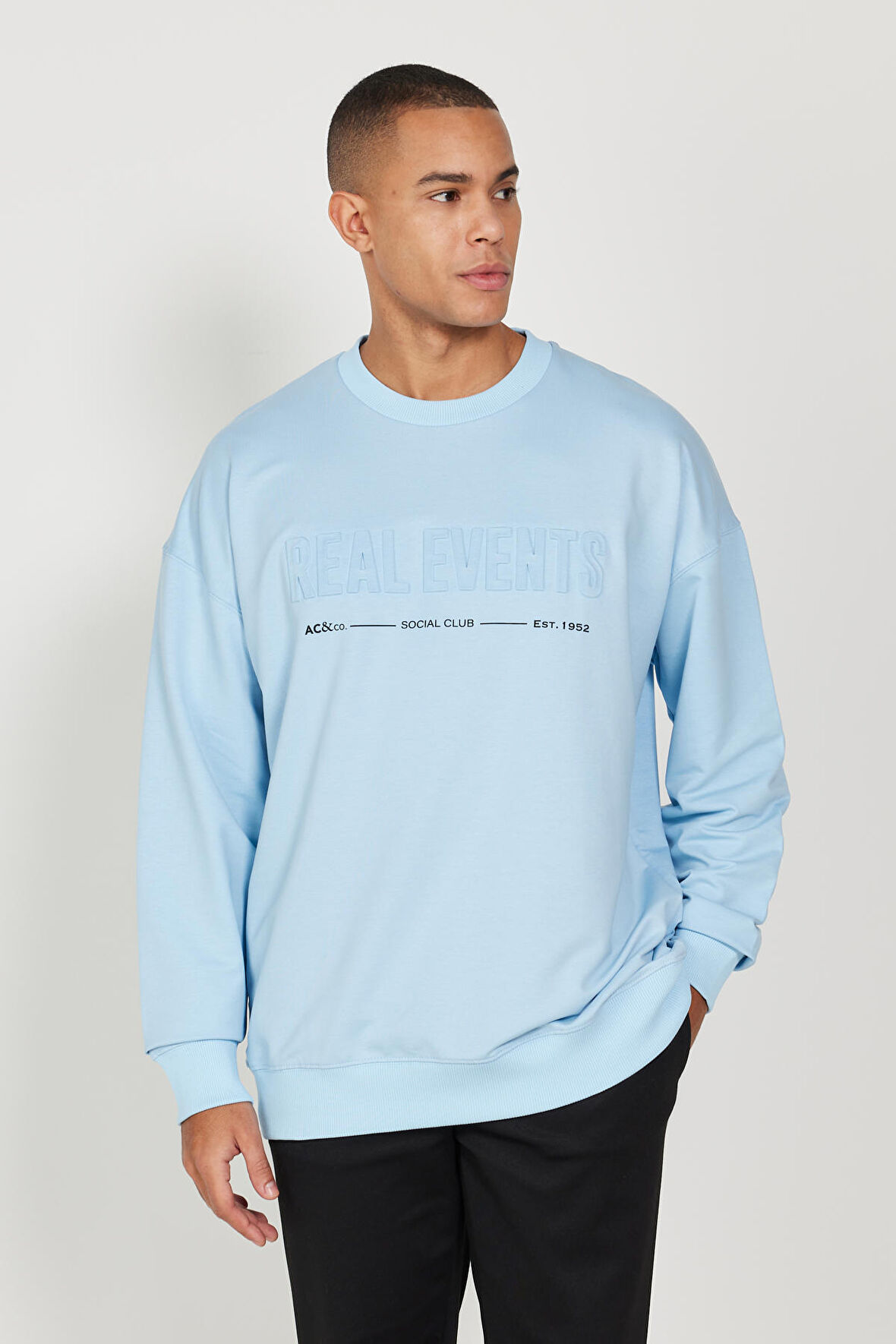 Erkek Mavi Oversize Bol Kesim Içi Polarlı 3 Iplik Bisiklet Yaka Pamuklu Sweatshirt