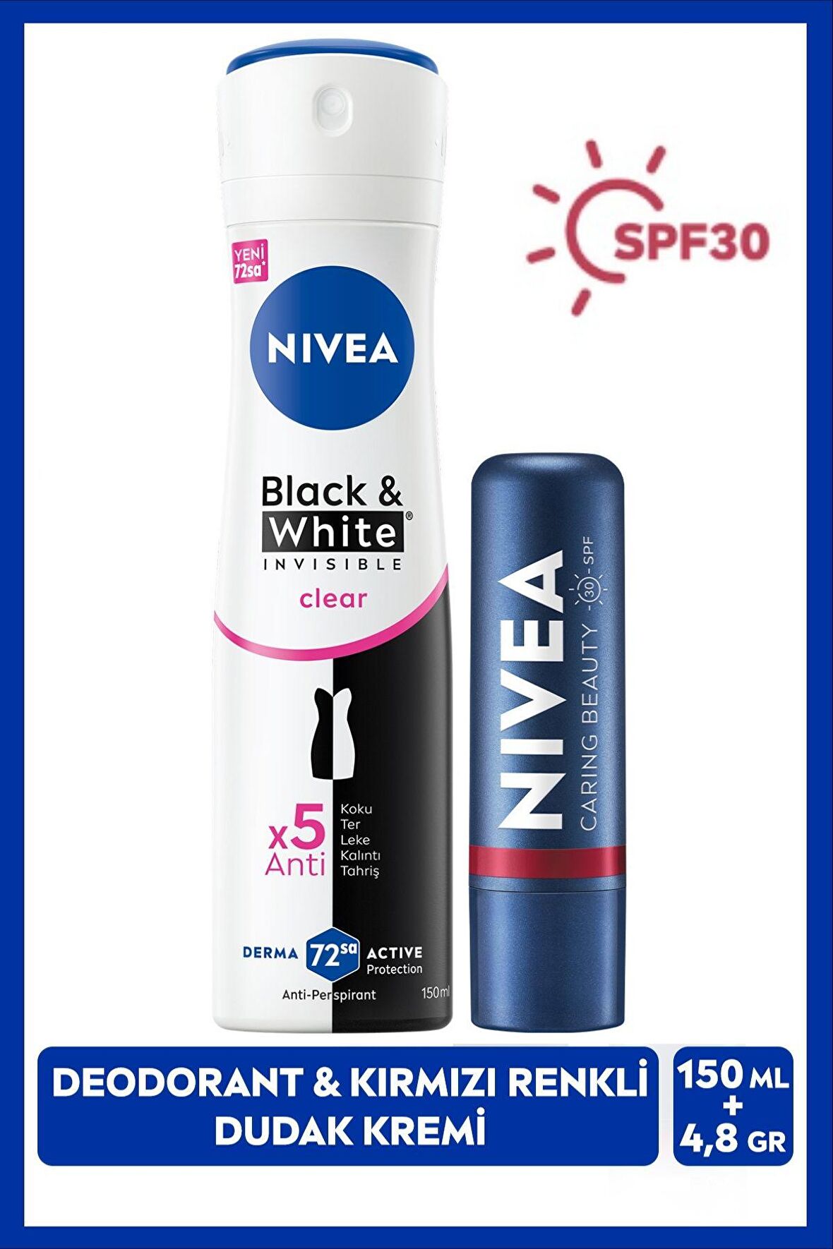 Kadın Sprey Deodorant Black & White Invisible Clear 150ml ve Kırmızı Renkli Dudak Bakım Kremi, SPF30, Cüzdan Hediye