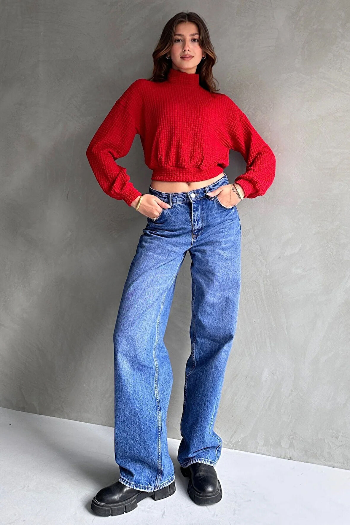 Balıkçı Yaka Dokulu Crop Bluz