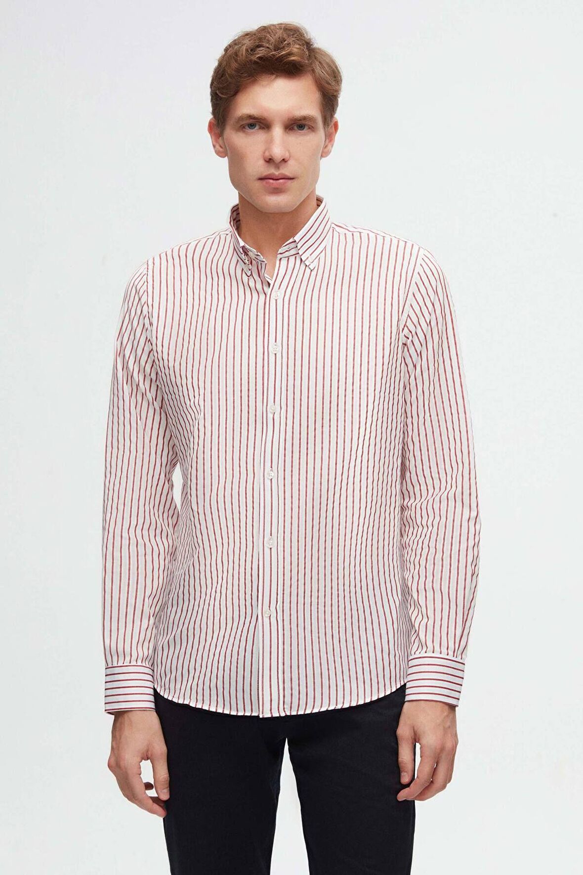 Slim Fit Kırmızı Çizgili Gömlek 6HC02ORT10265