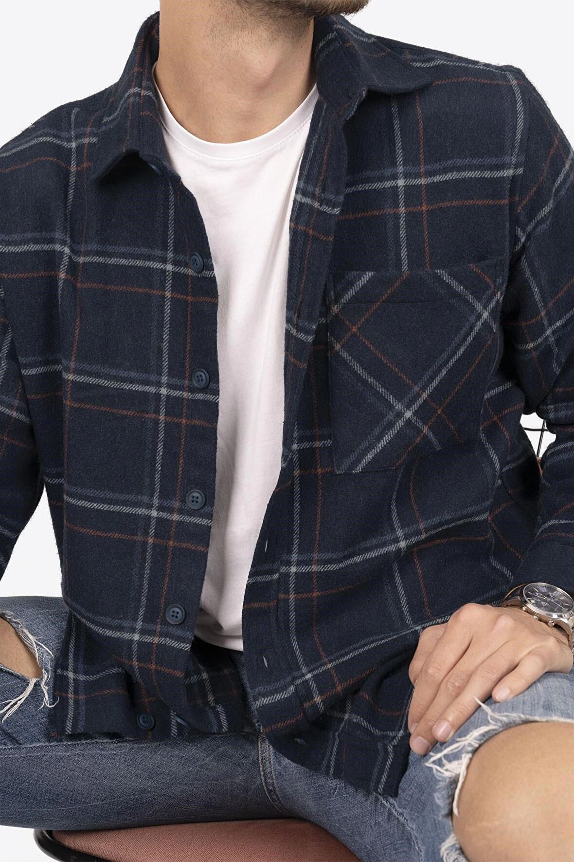 Lacivert Mavi Çizgili Oversize Kalın Oduncu Gömlek
