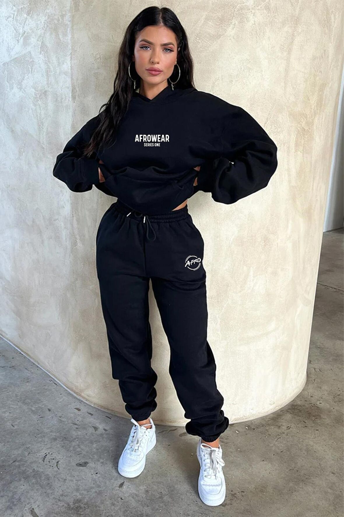 Kadın Afro Wear Baskılı Siyah Üç İplik Polar Eşofman Takımı