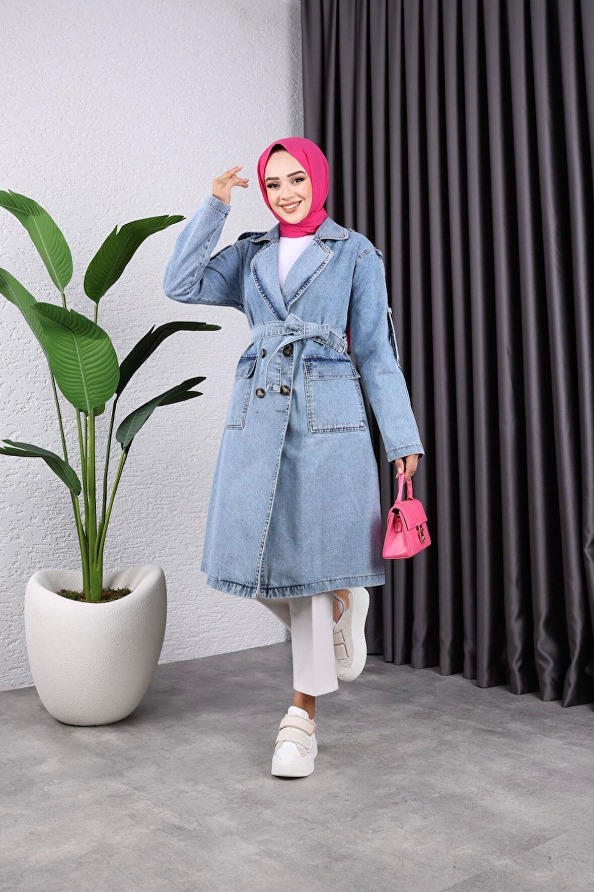 Kadın Cepli Düğmeli Kot Trençkot