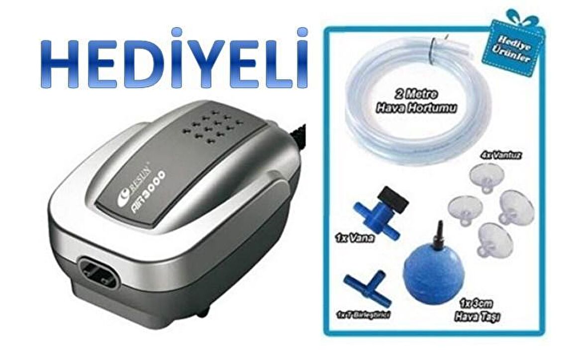 Resun Air 3000 Çift Çıkışlı Akvaryum Hava Motoru 3 Lt/Dk Hediyeli
