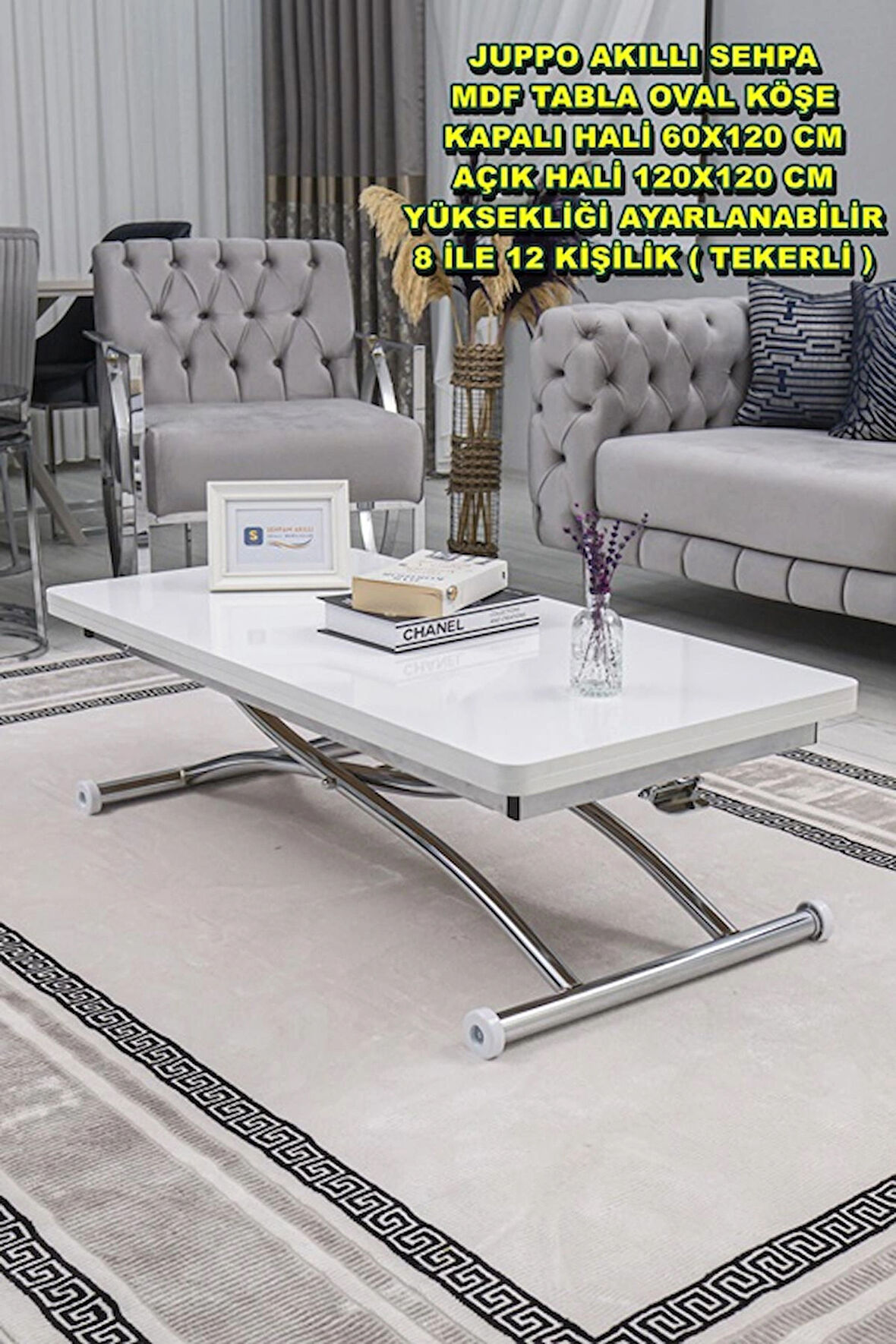 Akıllı Sehpa Juppo Üst Tabla Mdf Oval Köşe Beyaz Alt Ayak Krom Dışa Kıvrım