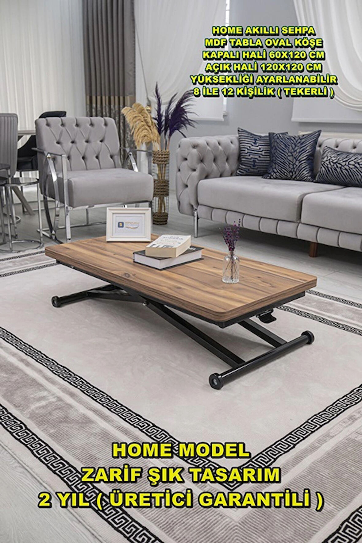 Akıllı Sehpa Home Üst Tabla Mdf Oval Köşe Urartu Alt Ayak Siyah 