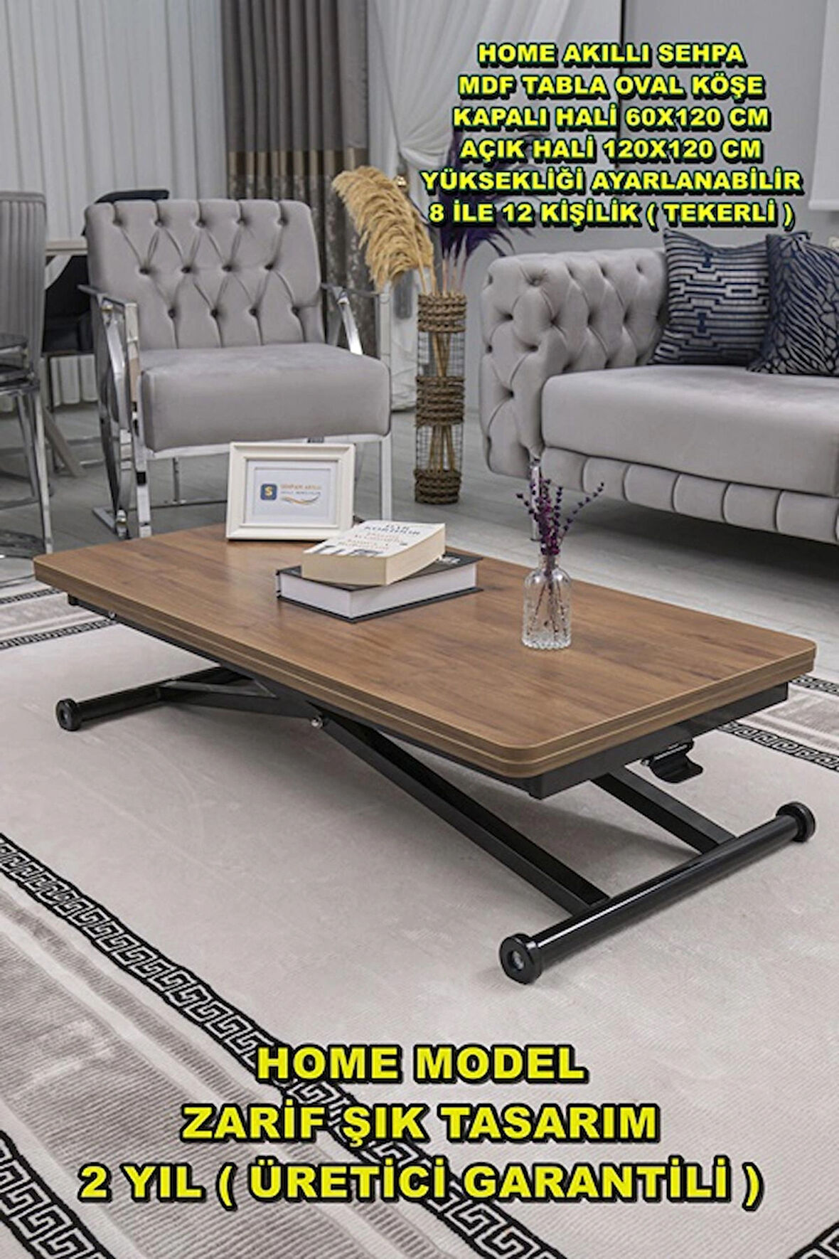 Akıllı Sehpa Home Üst Tabla Mdf Oval Köşe Ceviz Alt Ayak Siyah 