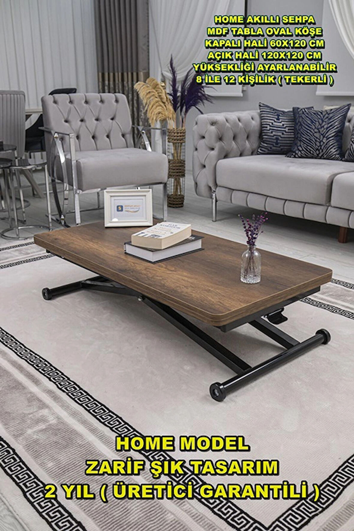 Akıllı Sehpa Home Üst Tabla Mdf Oval Köşe Barok Ceviz Alt Ayak Siyah 