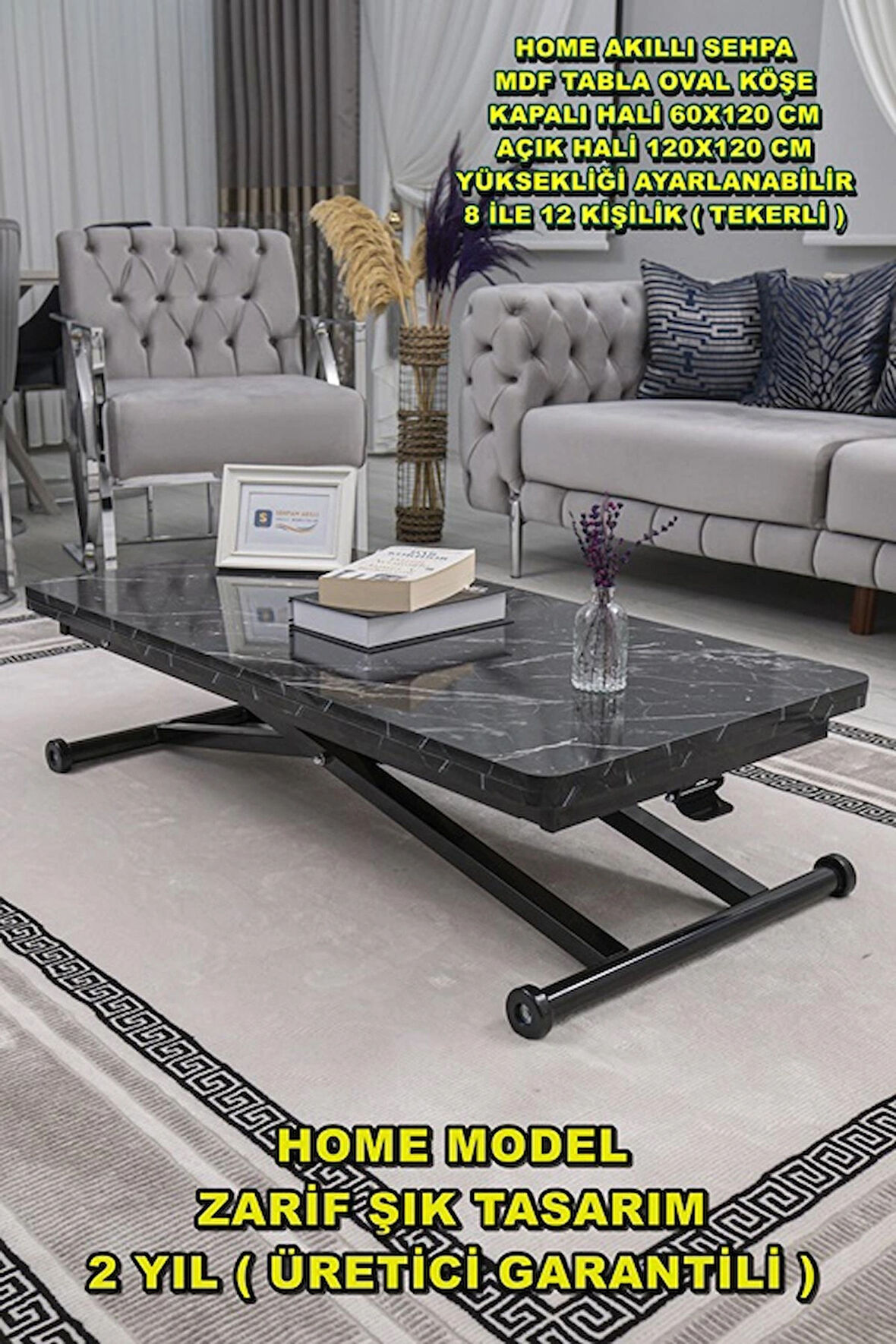 Akıllı Sehpa Home Üst Tabla Mdf Oval Köşe Siyah Mermer Alt Ayak Siyah 