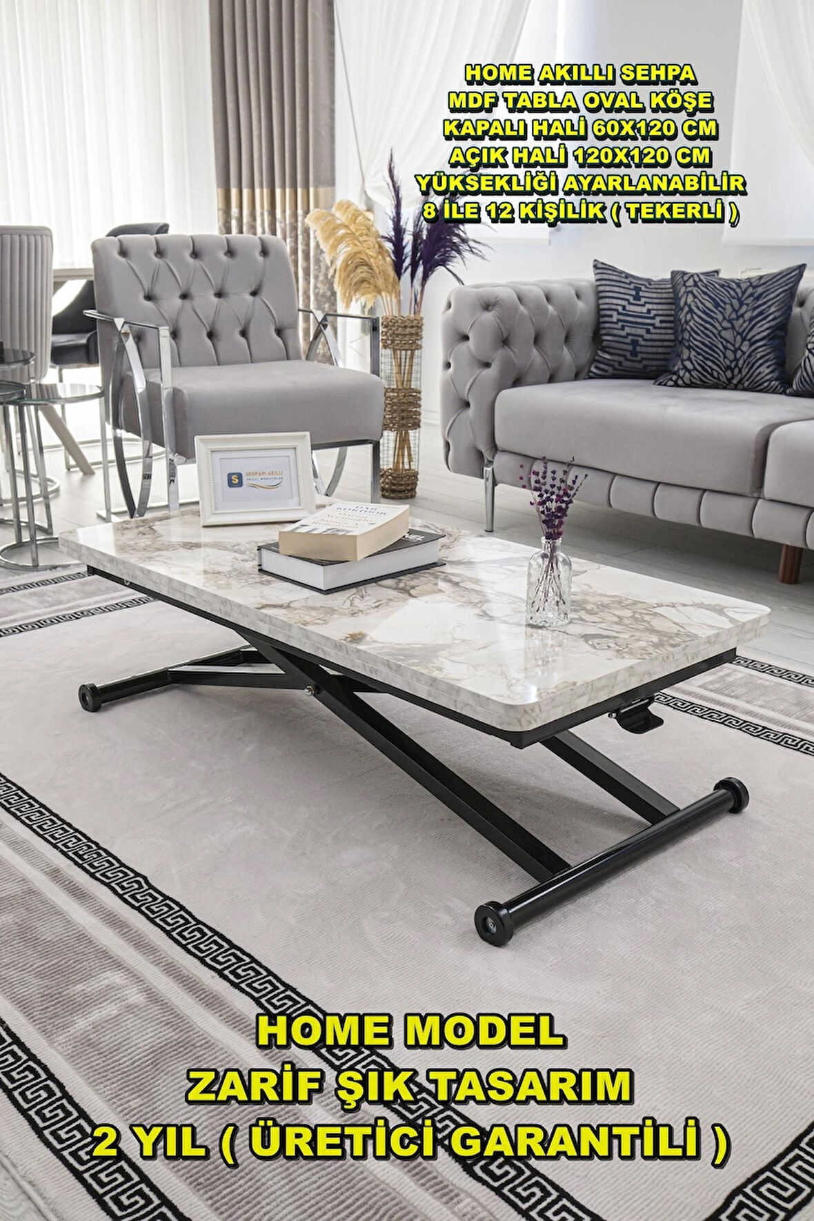 Akıllı Sehpa Home Üst Tabla Mdf Oval Köşe Beyaz Mermer Alt Ayak Siyah 