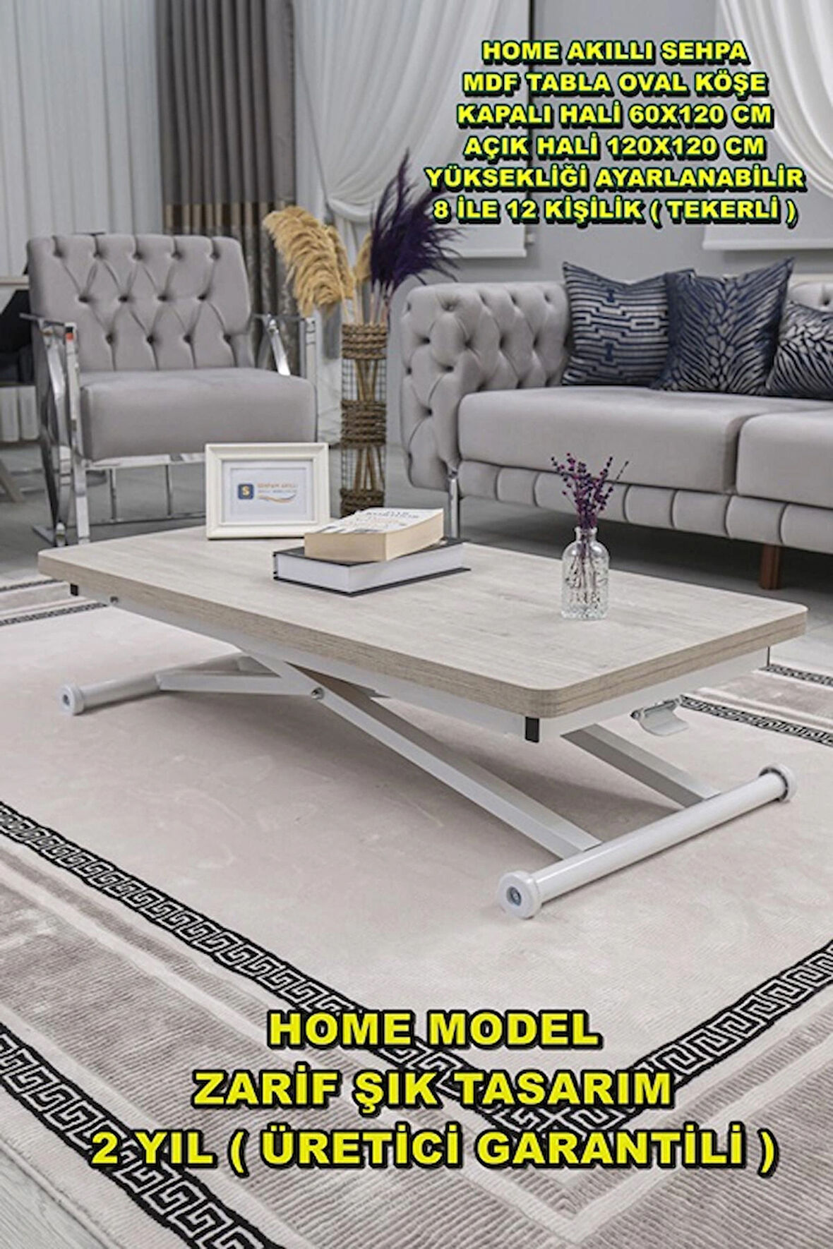 Akıllı Sehpa Home Üst Tabla Mdf Oval Köşe Lizbon  Alt Beyaz Renk
