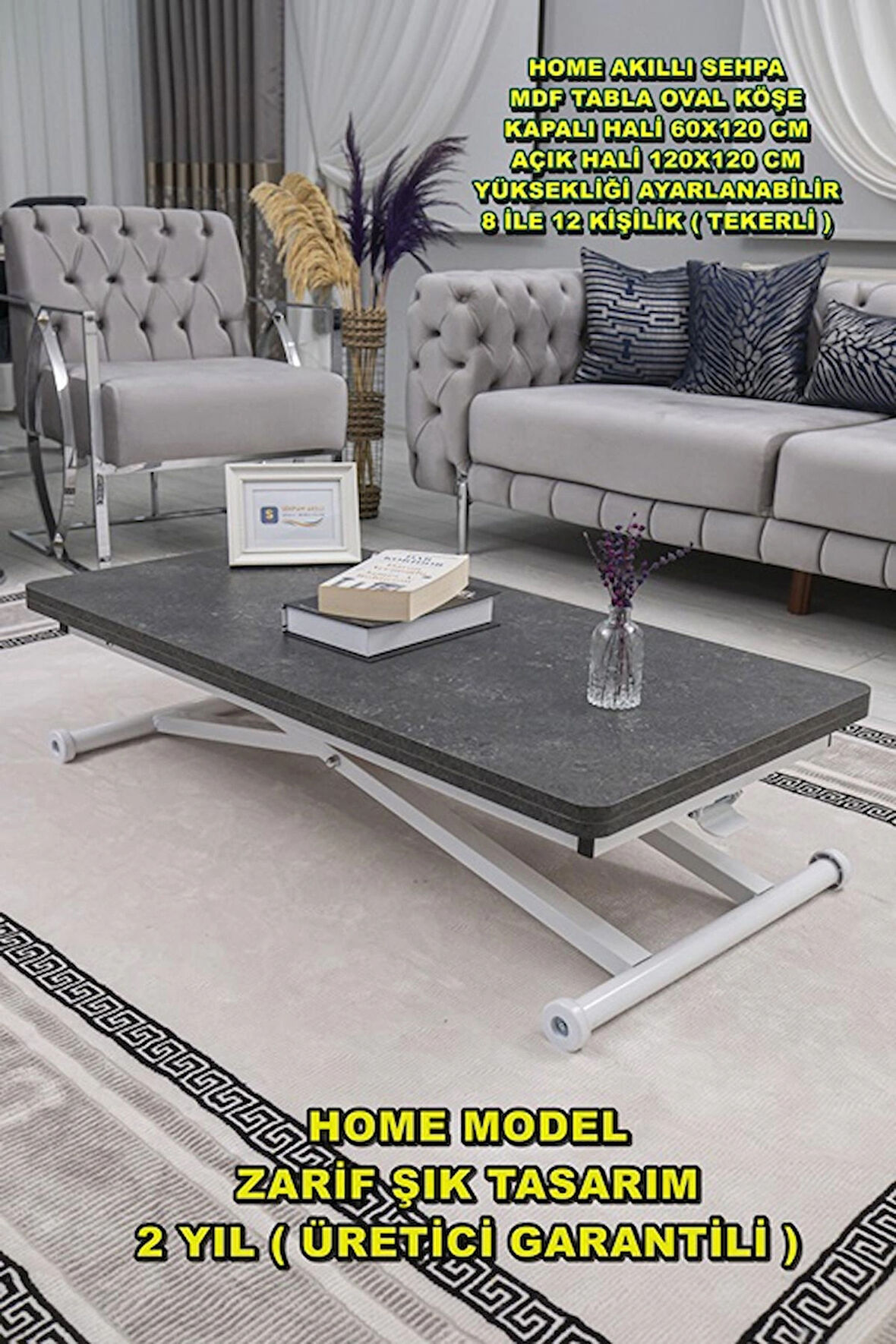 Akıllı Sehpa Home Üst Tabla Mdf Oval Köşe Kartal  Alt Beyaz Renk