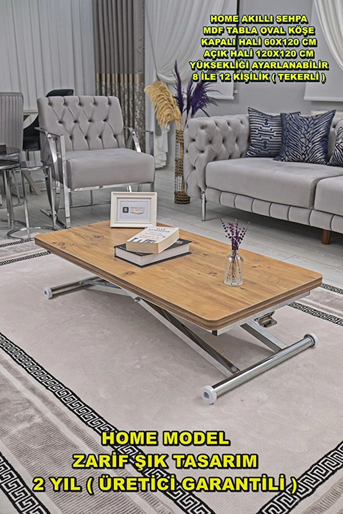 Akıllı Sehpa Home Üst Tabla Mdf Oval Köşe Efesçam  Alt Ayak Krom Renk