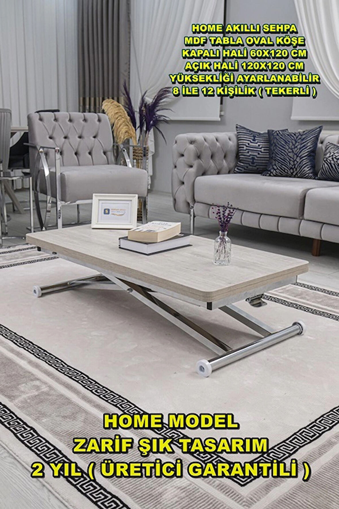 Akıllı Sehpa Home Üst Tabla Mdf Oval Köşe Lizbon  Alt Ayak Krom Renk