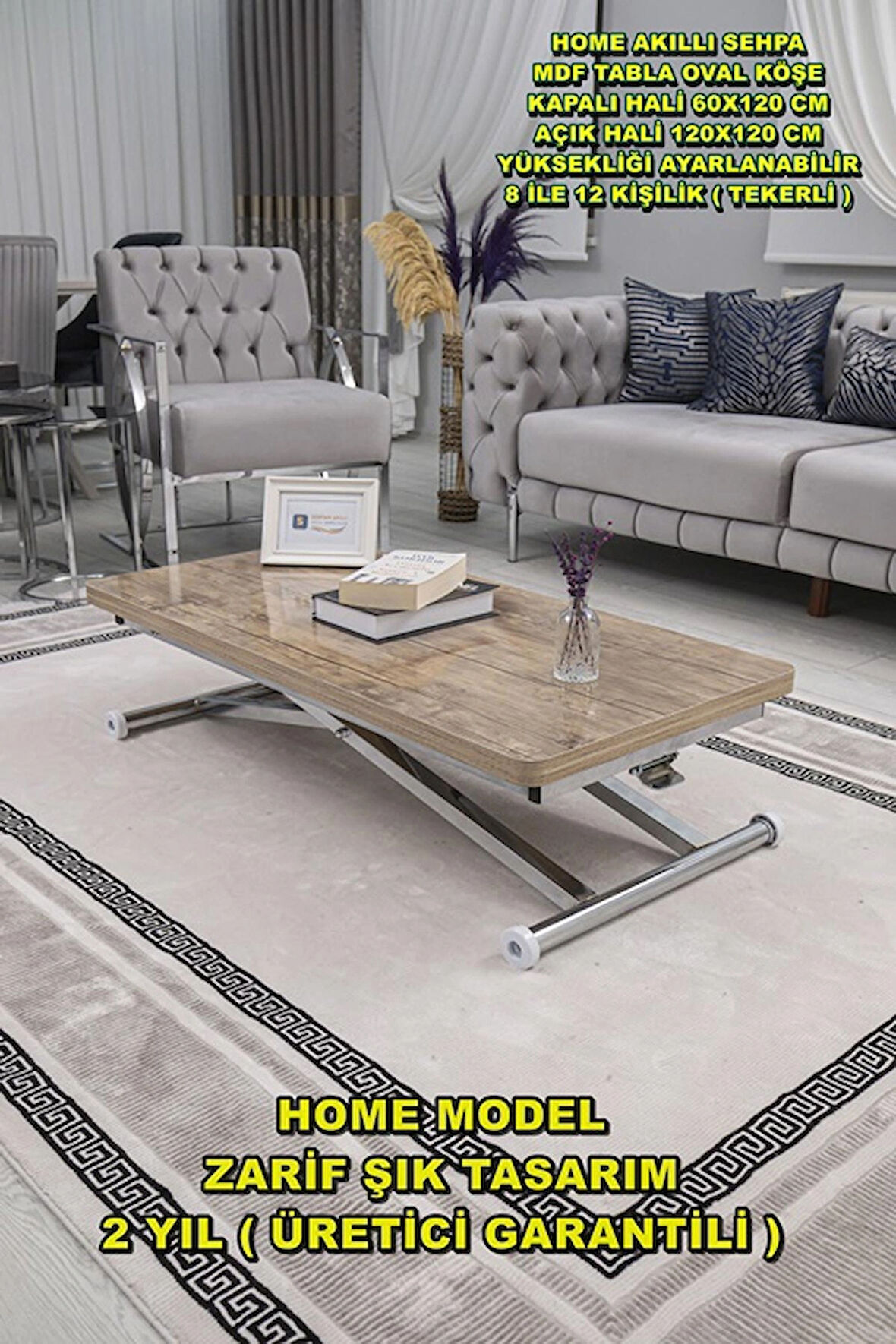 Akıllı Sehpa Home Üst Tabla Mdf Oval Köşe Antiklayt  Alt Ayak Krom Renk