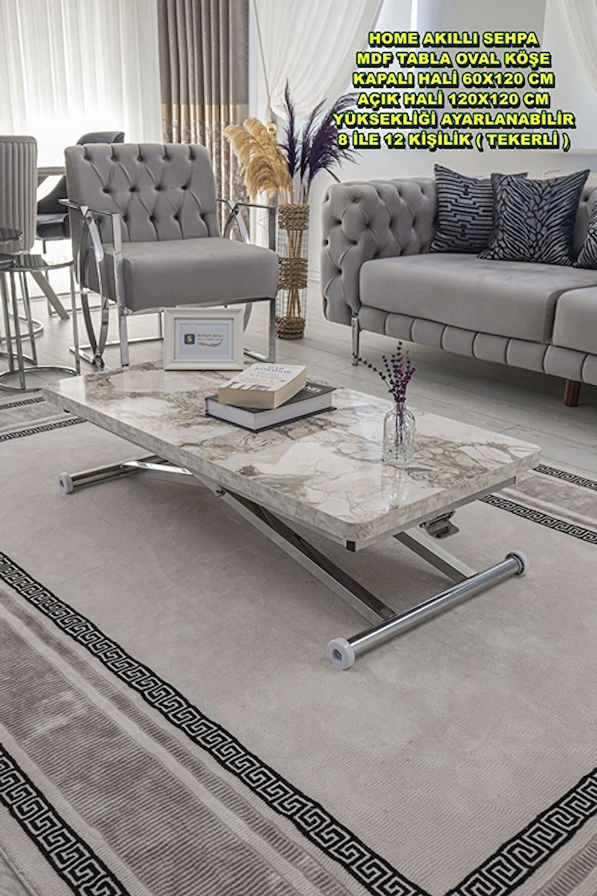 Akıllı Sehpa Home Üst Tabla Mdf Oval Köşe Beyaz Mermer Alt Ayak Krom Renk