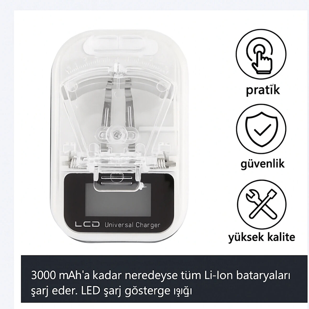 LED Ekranlı Evrensel Li-Ion Batarya Şarj Cihazı + USB Girişli