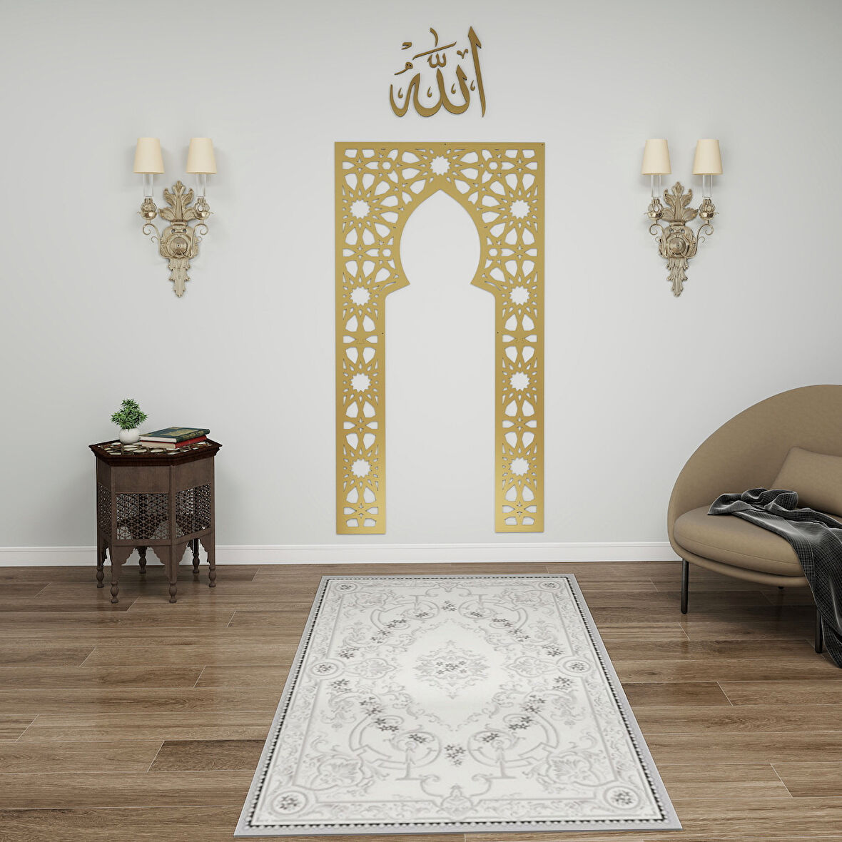 Aksa İslami Motifli Gold Metal Mihrab – Duvara Monte, Mescit Köşe