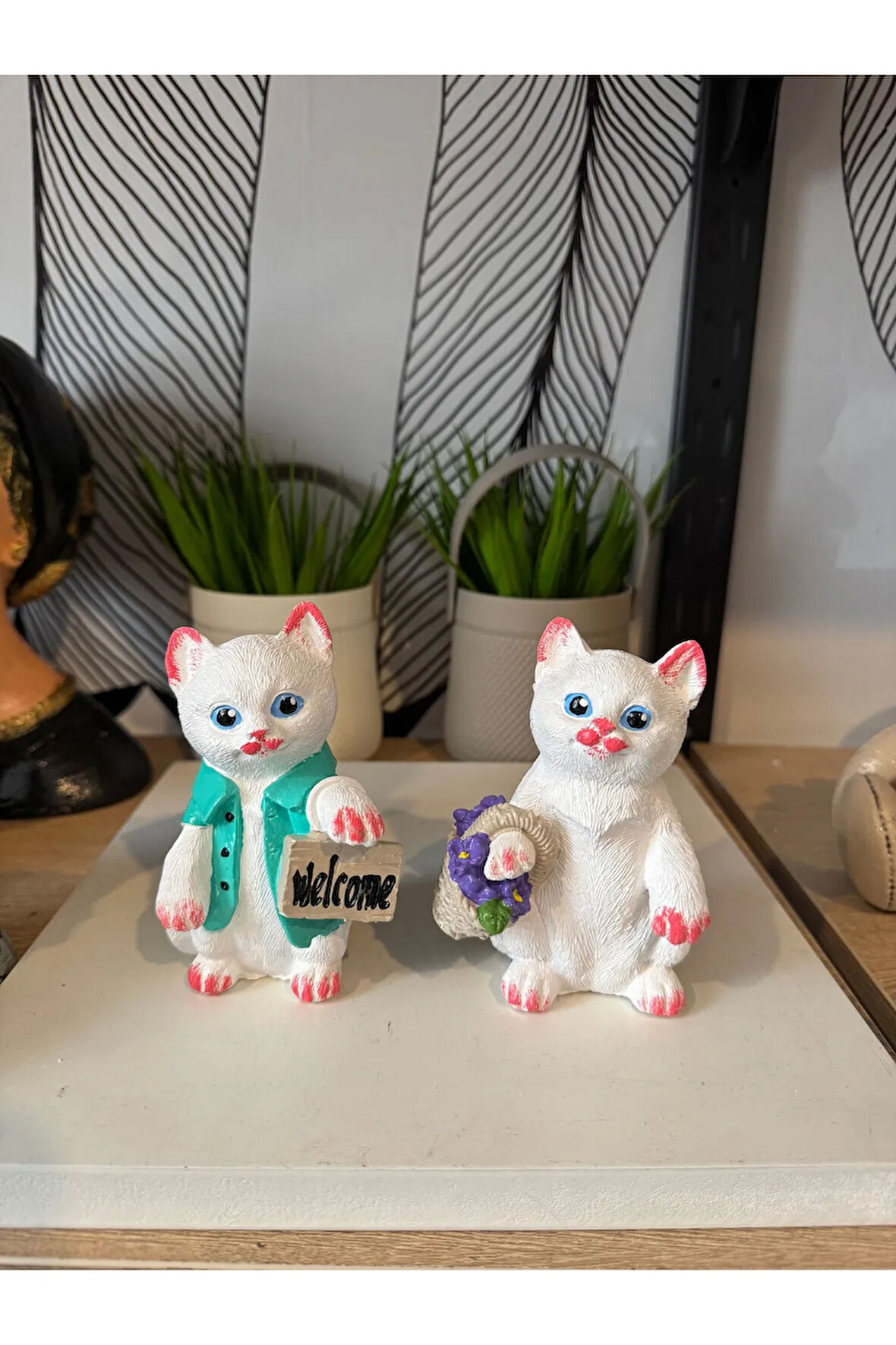 Dekoratif 2’li welcome sevimli kedi biblo polyester