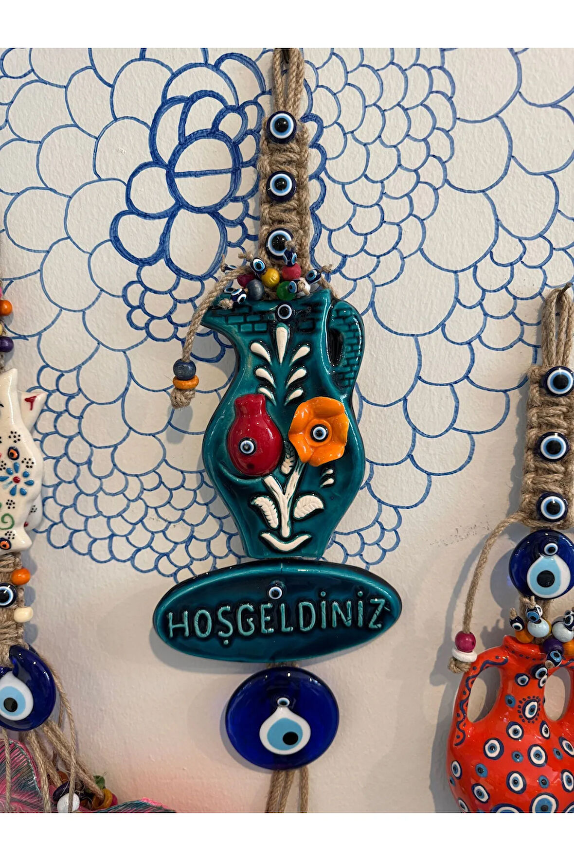 Dekoratif porselen hoşgeldiniz nazar boncuklu duvar dekorasyonu 52 cm