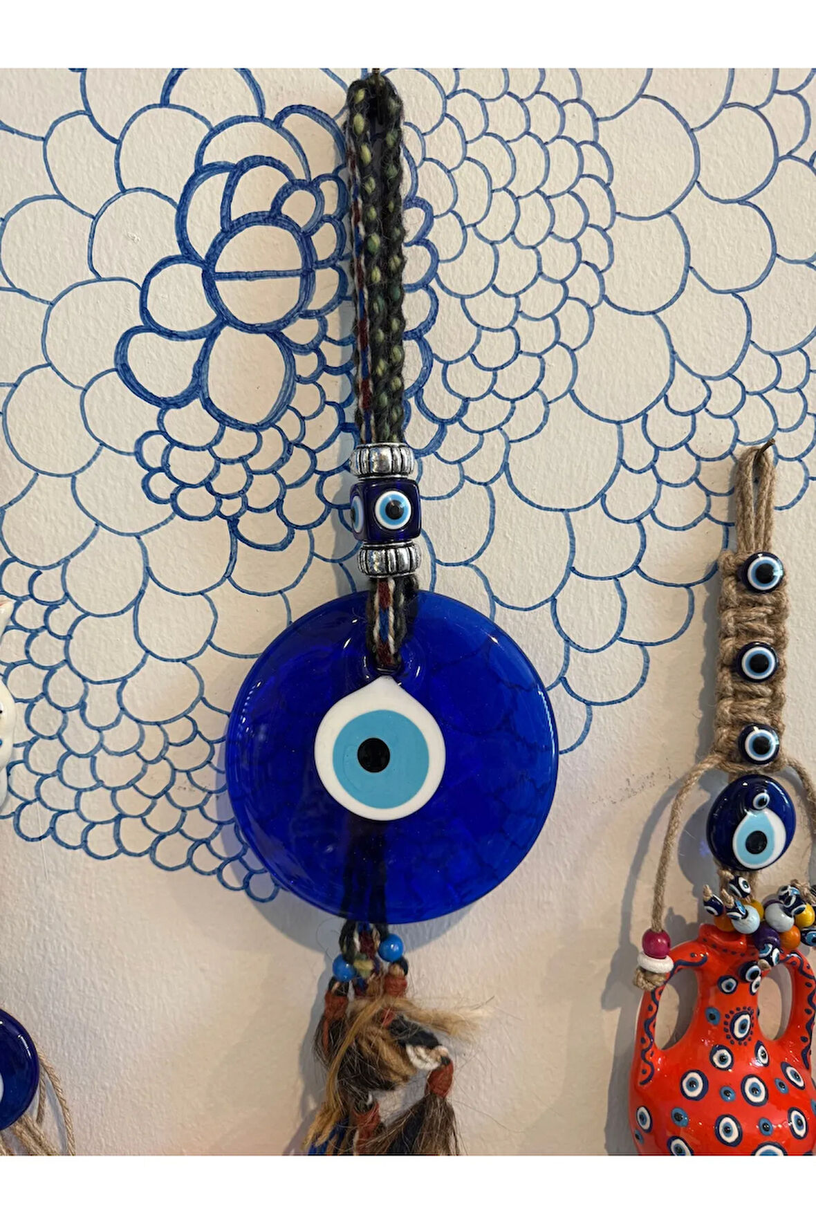 Dekoratif yuvarlak el örgü kalın cam nazar boncuğu 38 cm