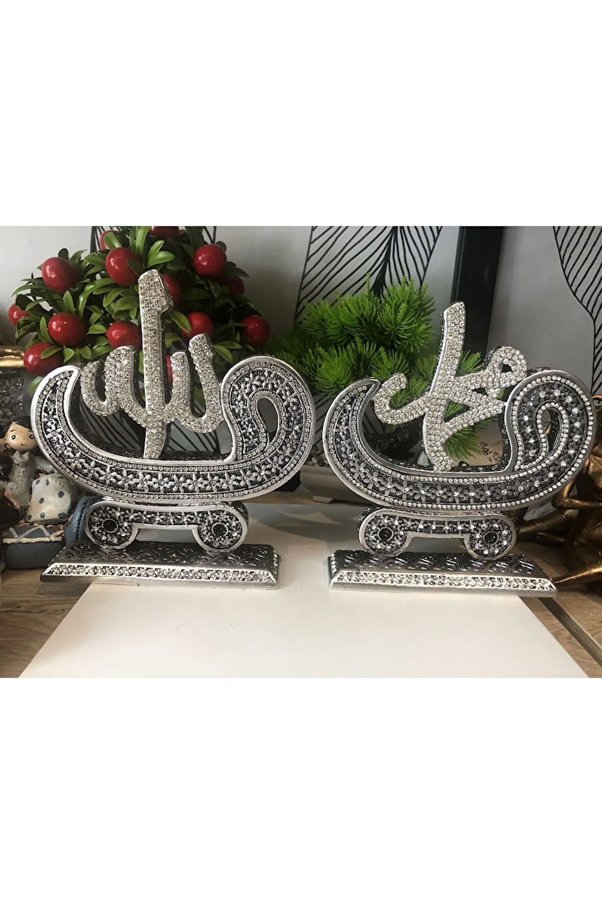 Dekoratif papatyalı 2’li vav lafız obje silver polyester