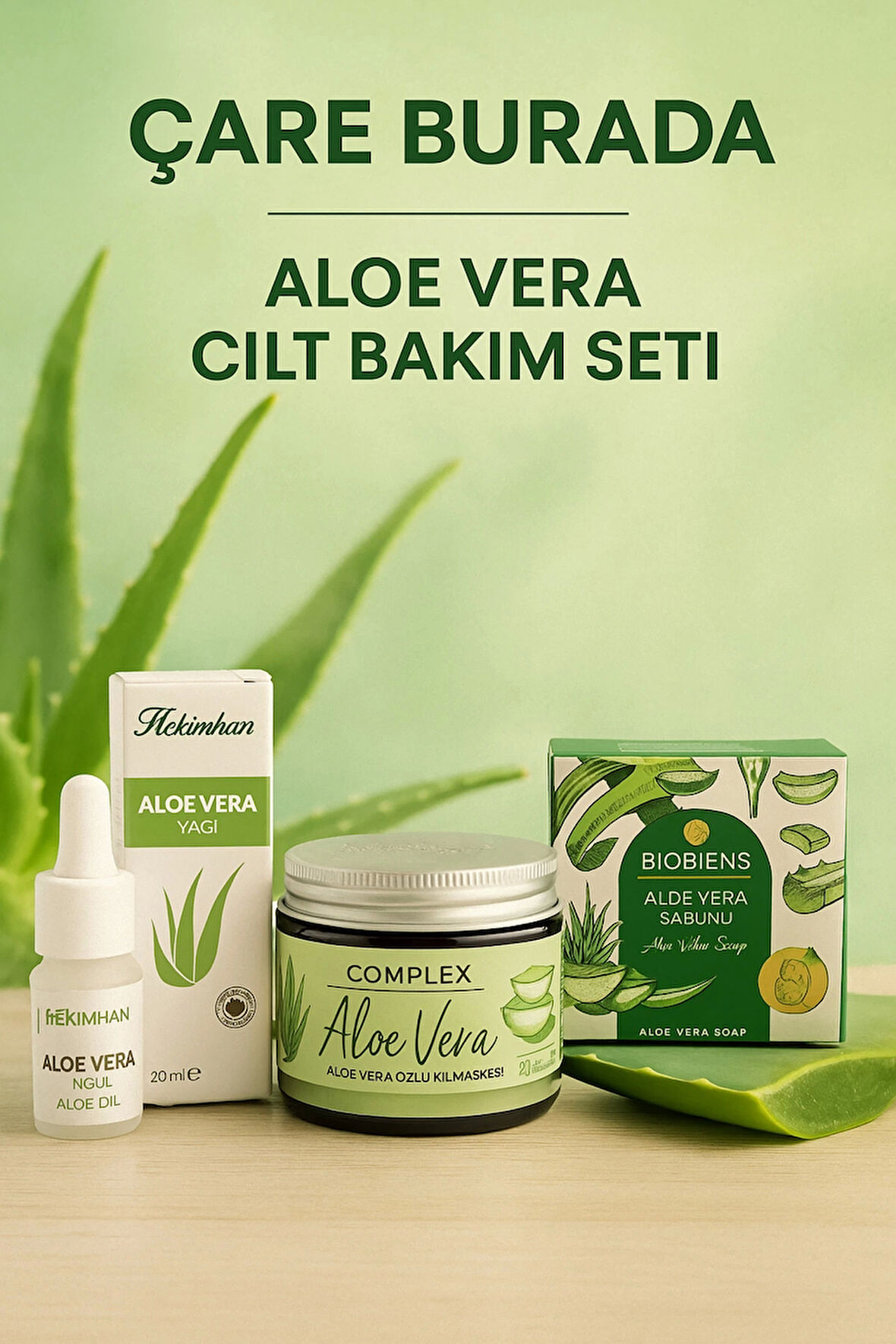 Aloe Vera Cilt Bakım Seti (Aloe Vera Yağı & Aloe Vera Kil Maskesi & Aloe Vera Sabun)