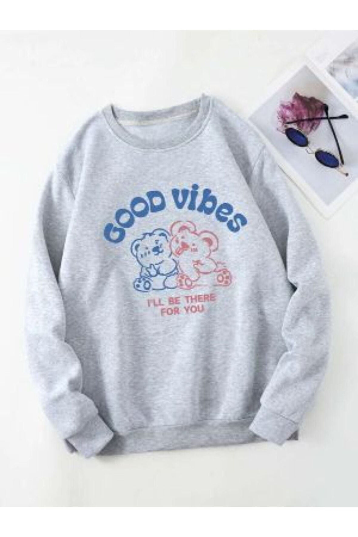 Kadın Gri Good Vibes Bisiklet Yaka Sweatshirt