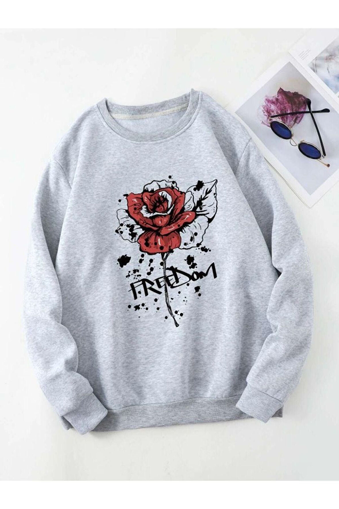 Kadın Gri Gül Freedom Bisiklet Yaka Sweatshirt