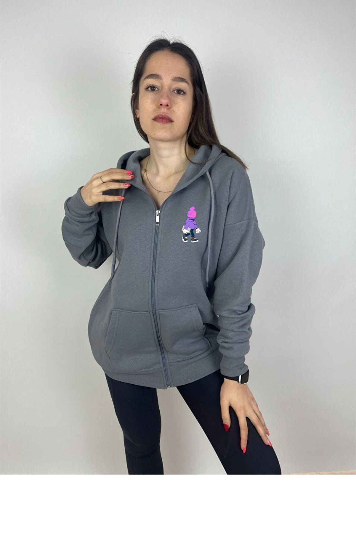 Unisex Gri Karikatür Baskılı Mevsimlik Oversize Kapüşonlu Hırka