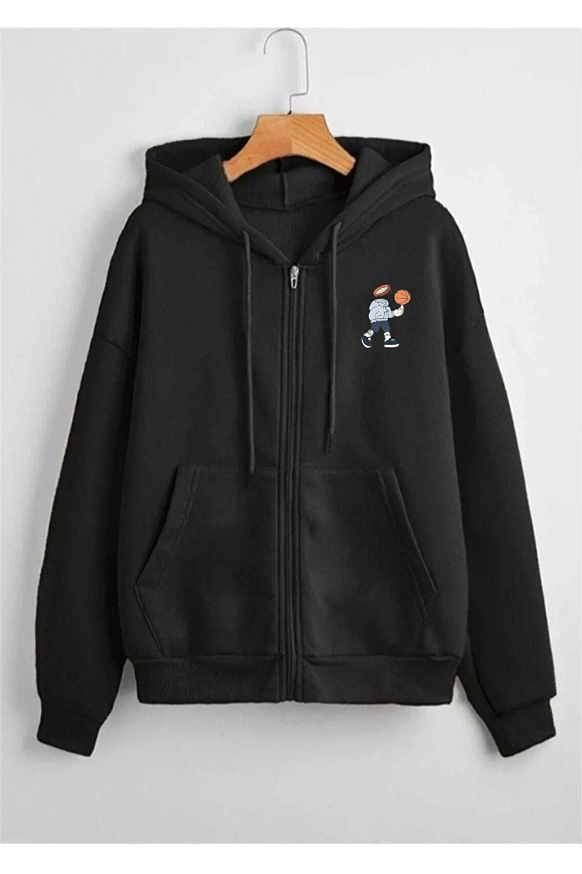 Unisex Gri Karikatür Baskılı Mevsimlik Oversize Kapüşonlu Hırka