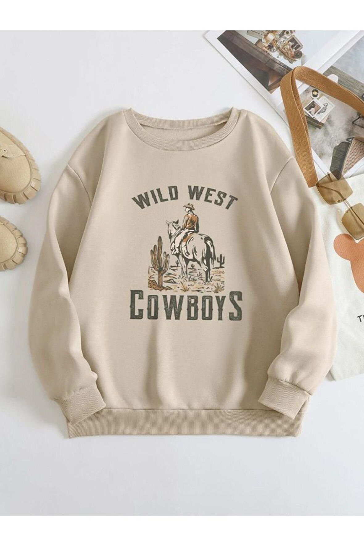 Kadın Bej Cowboy Bisiklet Yaka Sweatshirt