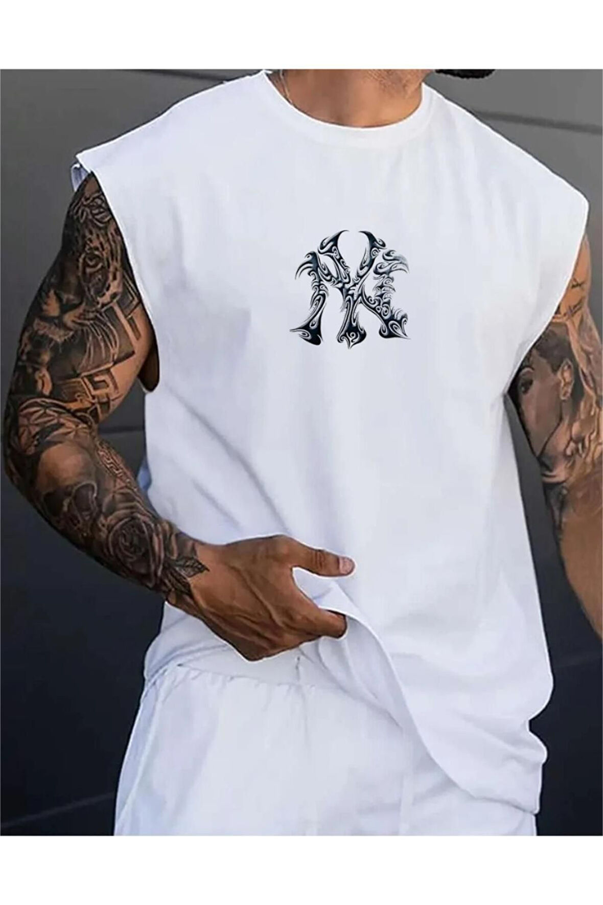 Erkek NY Baskılı Oversize Kolsuz T-shirt