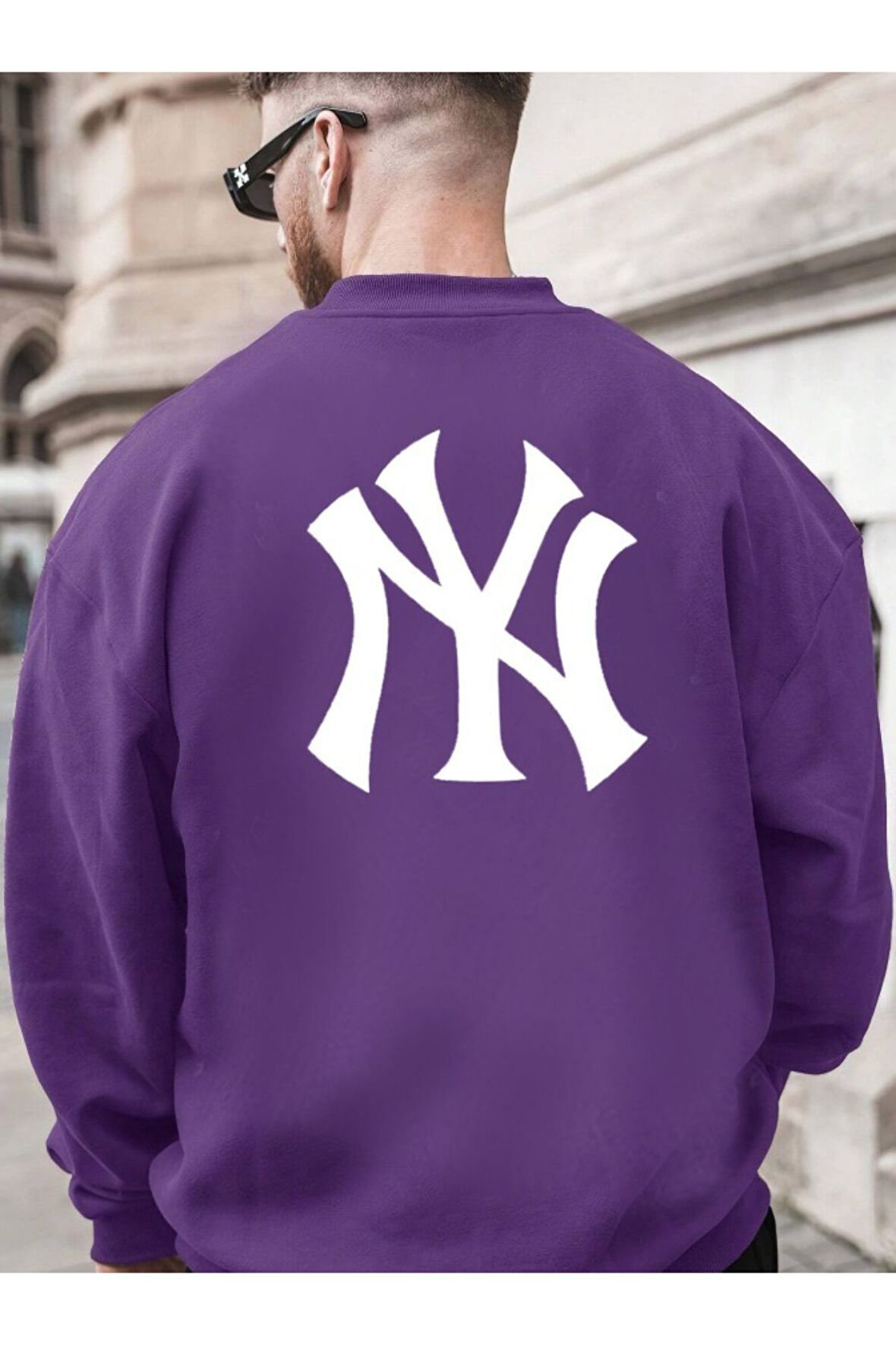 Erkek NY Ön Arka Baskılı Oversize Bisiklet Yaka Sweatshirt