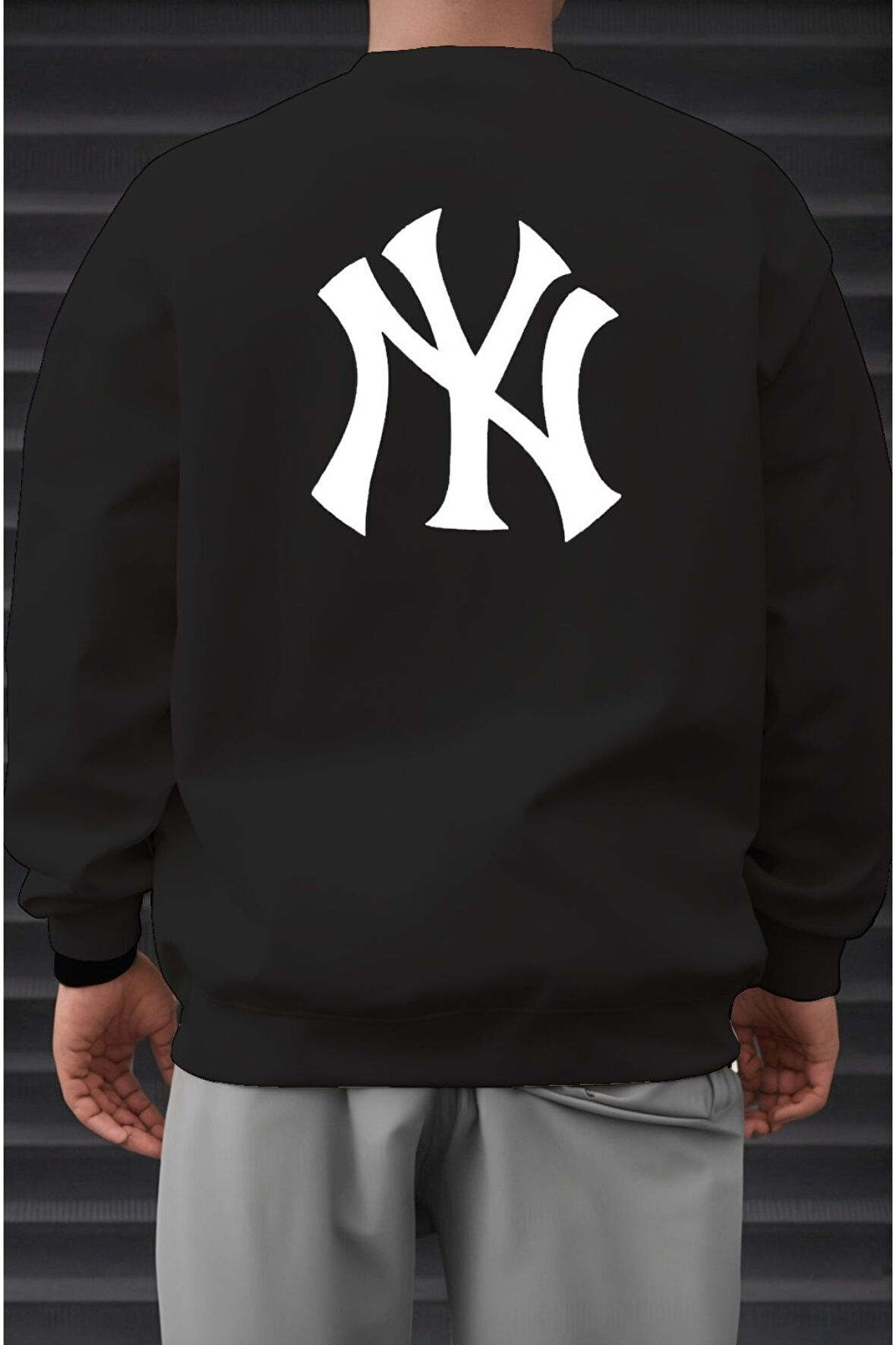 Erkek NY Ön Arka Baskılı Oversize Bisiklet Yaka Sweatshirt