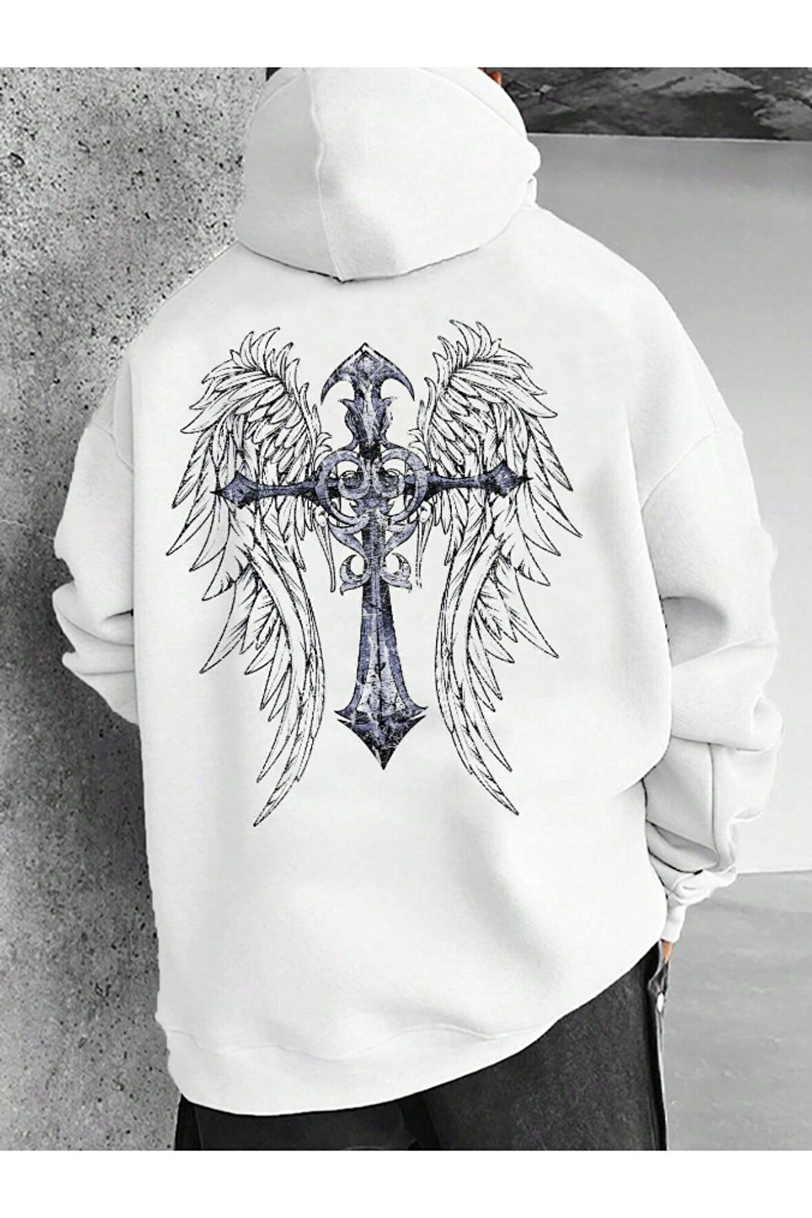 Erkek Beyaz Sırt Hac Baskılı Kapüşonlu Sweatshirt