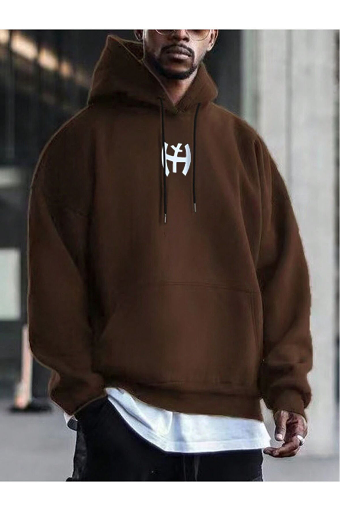 Erkek Kahverengi Y Logo Baskılı Kapüşonlu Sweatshirt