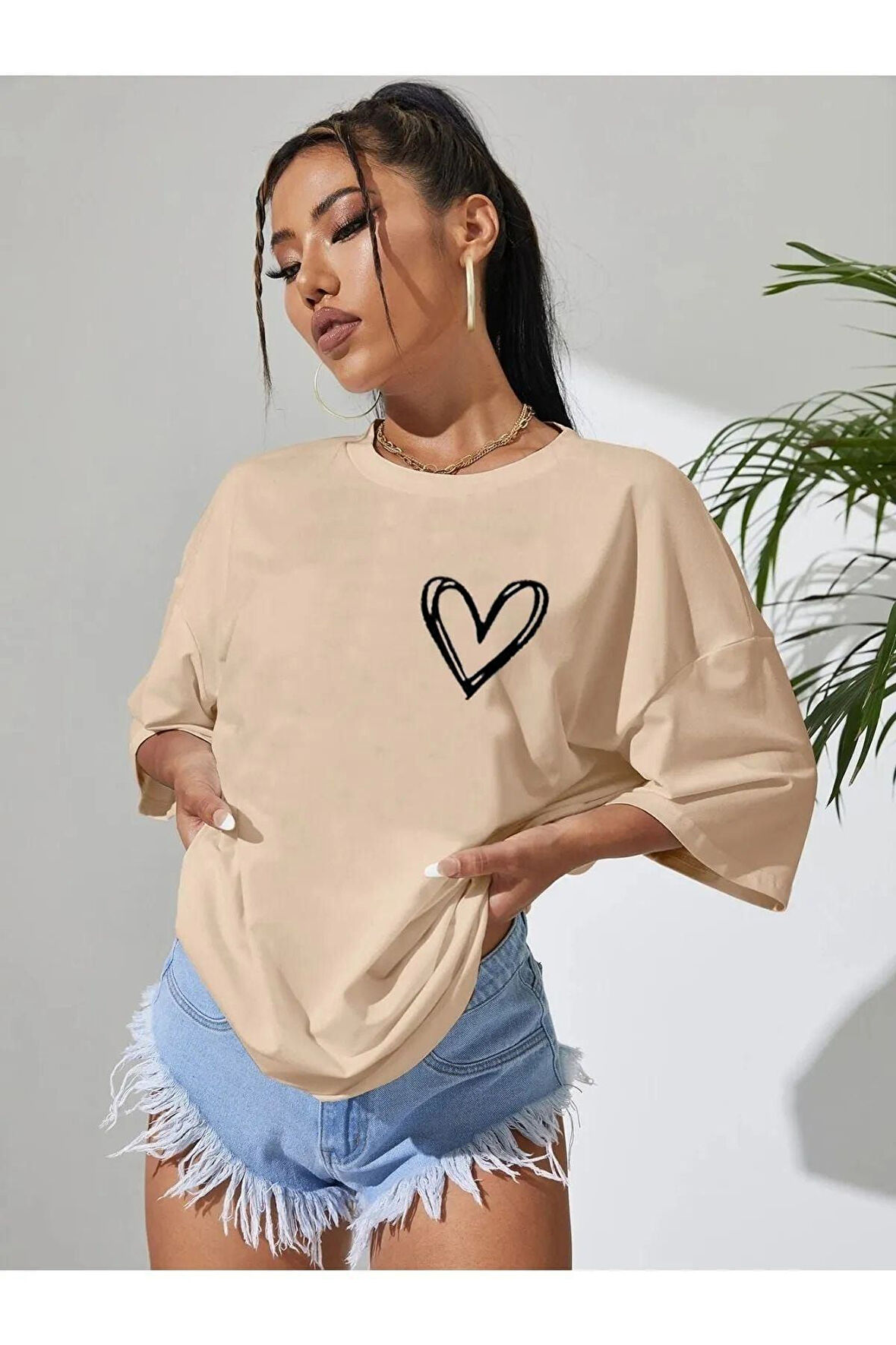 Kadın Kalp Baskılı Oversize T-shirt