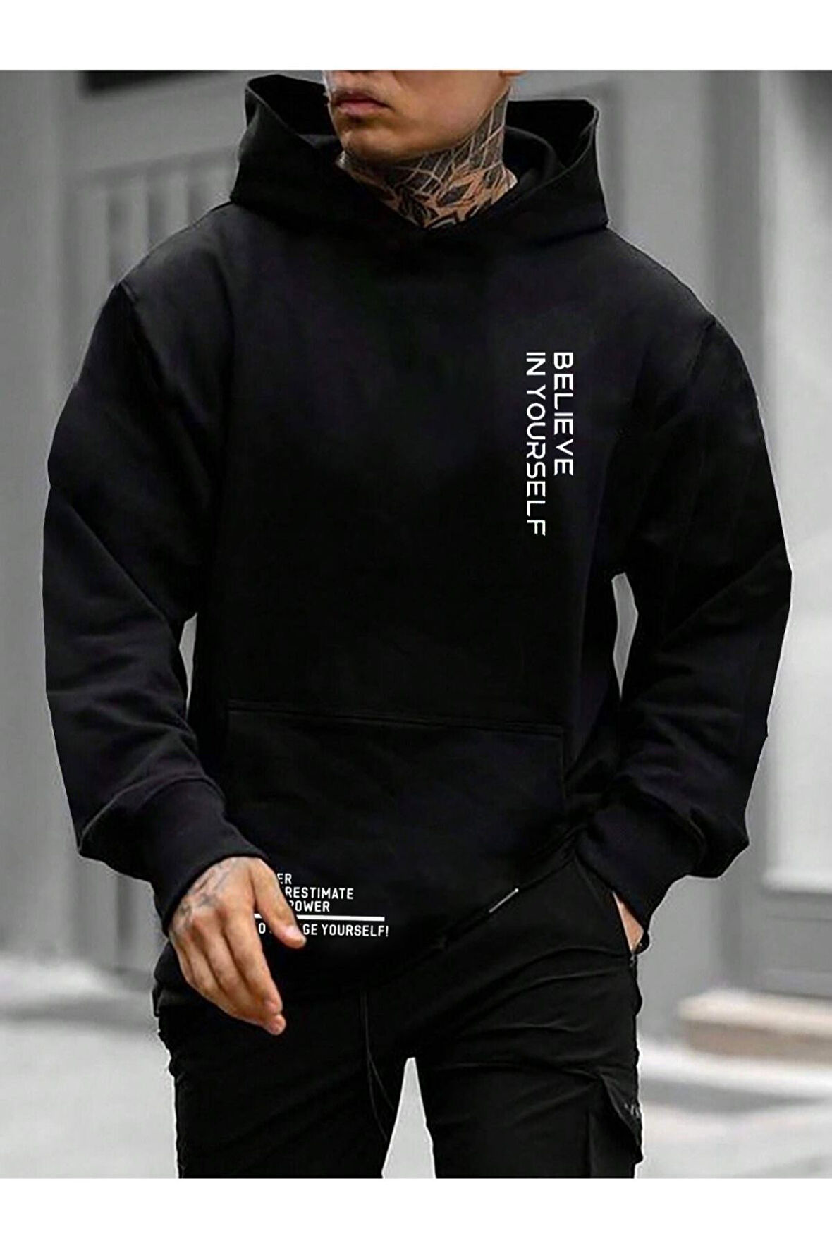 Erkek Believe Baskılı Oversize Kapşonlu Sweatshirt