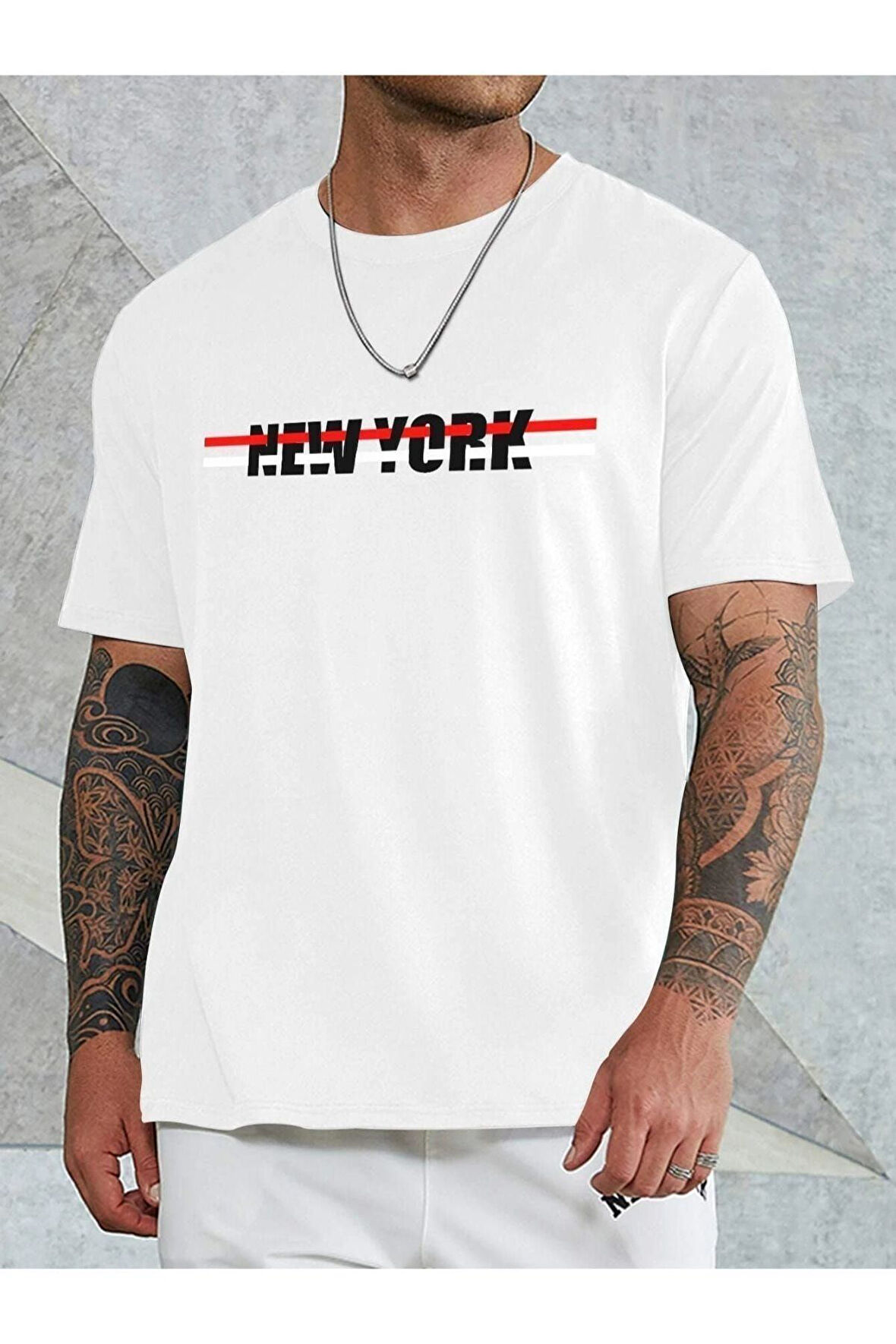 Unisex Beyaz New York Baskılı Oversize Tshirt