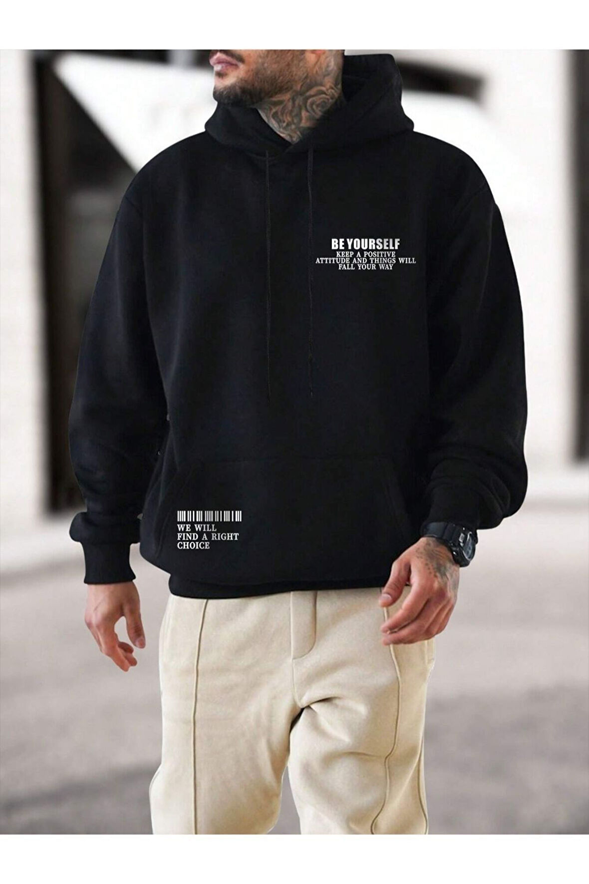 Erkek Siyah Be Yourself Baskılı Oversize Kapşonlu Sweatshirt