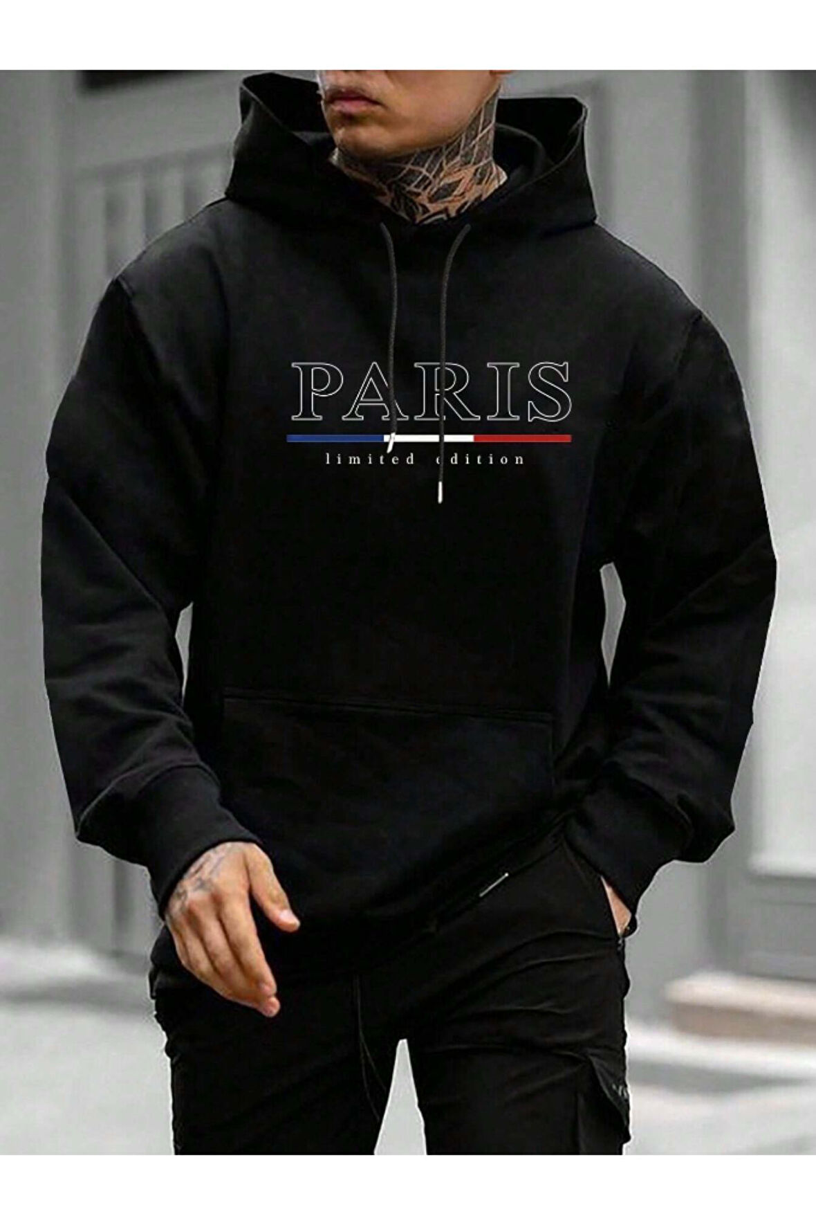 Erkek Siyah Büyük Paris Baskılı Kapüşonlu Sweatshirt
