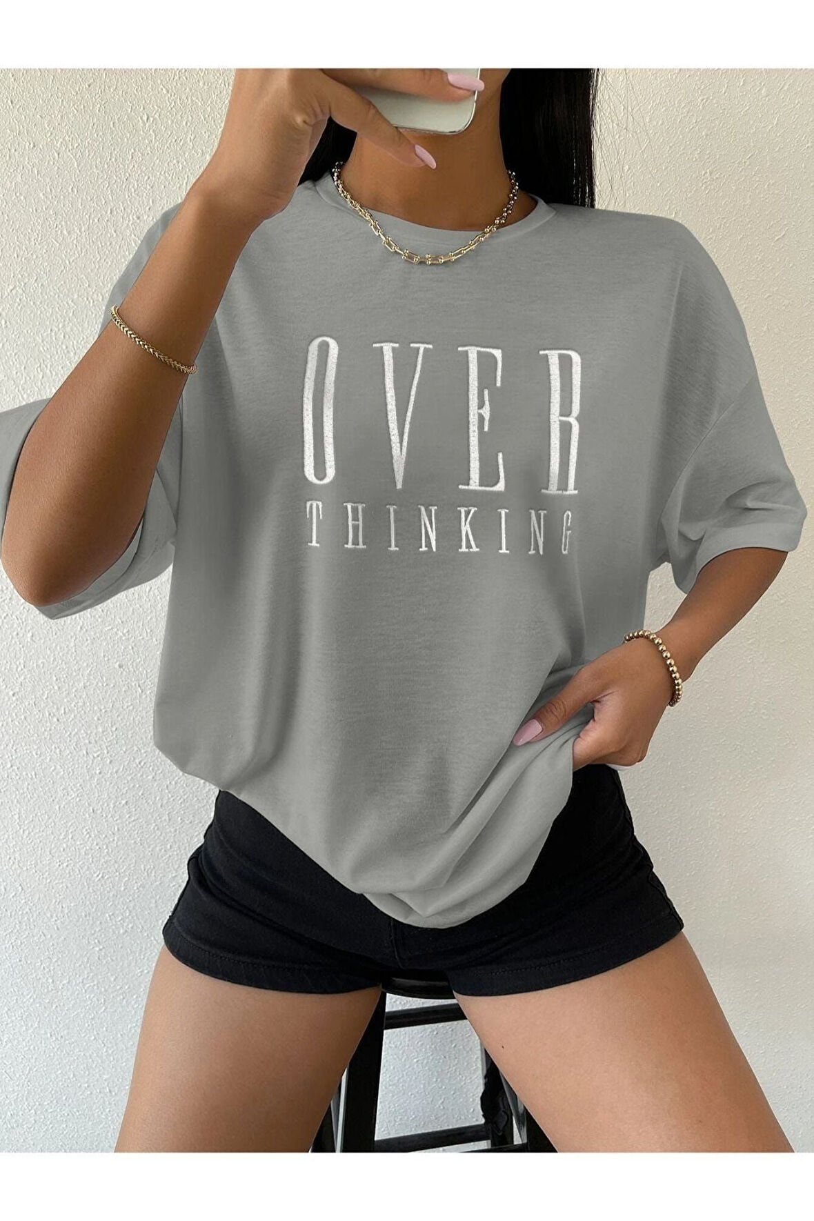Unisex Over Think Baskılı Oversize T-shirt